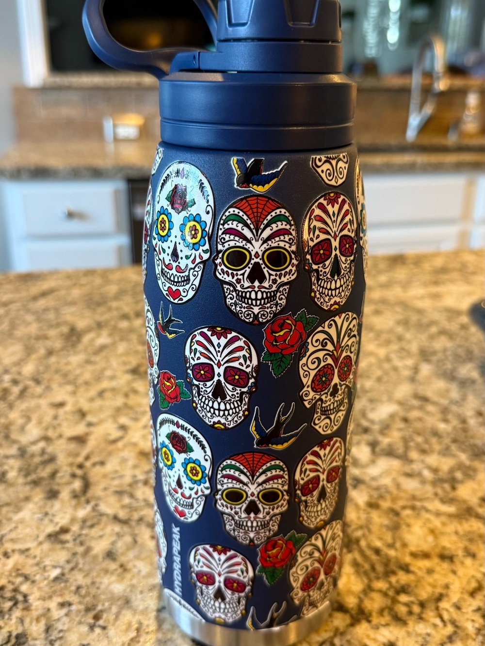Navy Insulated Water Bottle with Colorful Sugar Skull Design